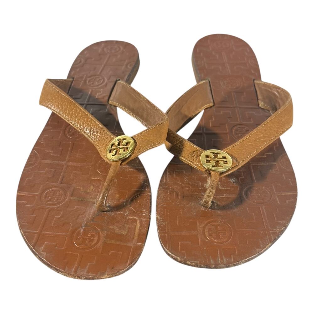 TORY BURCH Women’s Brown Leather Sandals Size 9 Thora Thong Flip Flops - Picture 2 of 8